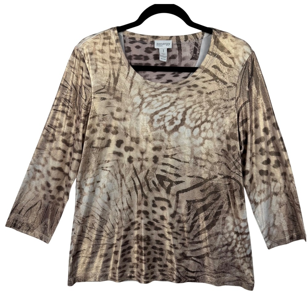 Zenergy by Chico's Top Women‎ 1 Medium Gold Metallic Animal Print Shimmer